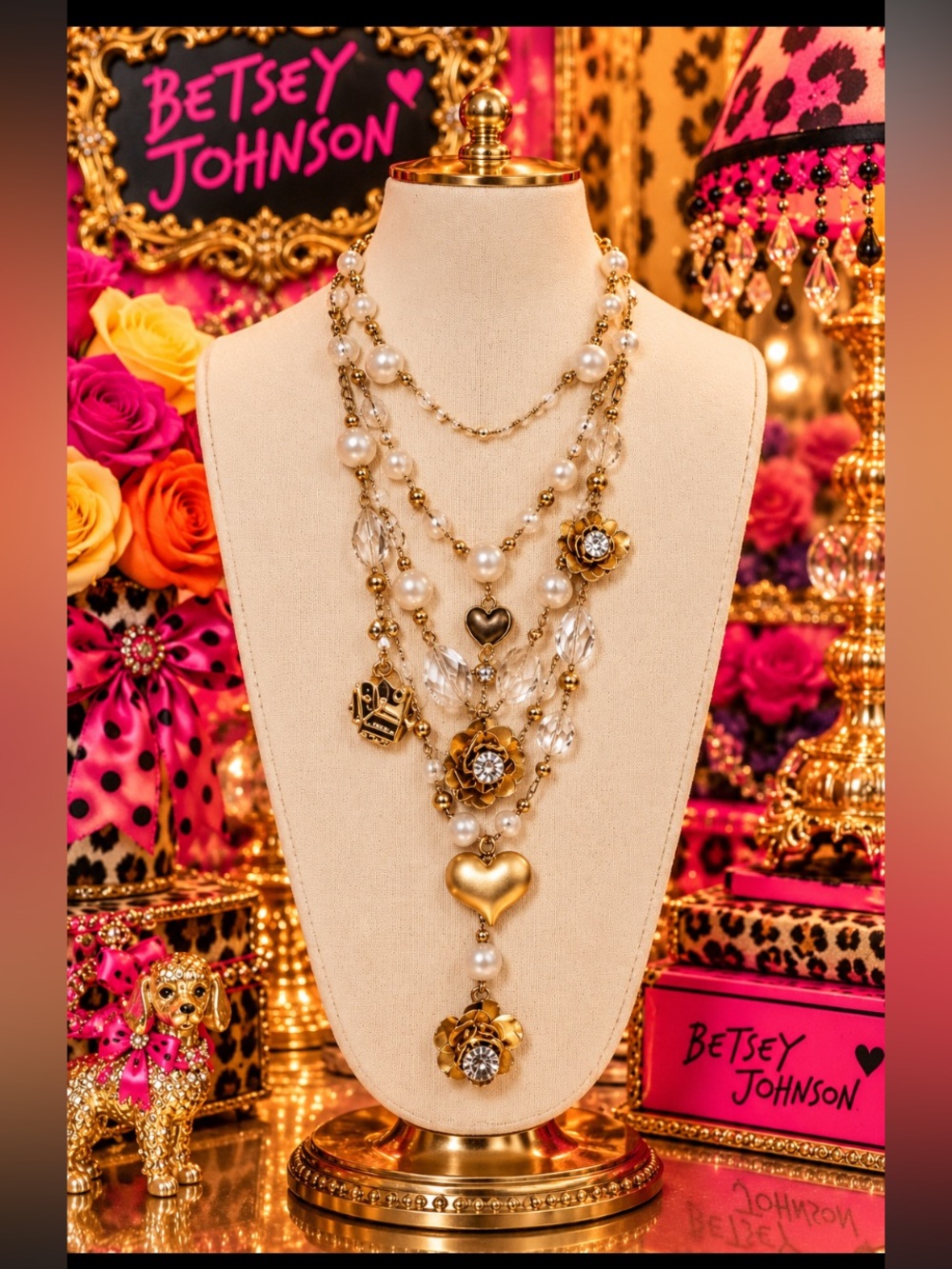 Betsey Johnson Gold-Tone Layered Heart & Pearl Charm Necklace